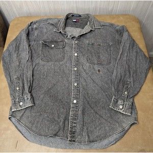 Vintage Tommy Hilfiger Large L Black Worn Denim Long Sleeve Button Down Shirt